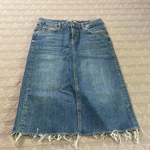 Zara Woman Premium Denim Midi Skirt Size M Raw Hem and Slit on the Back